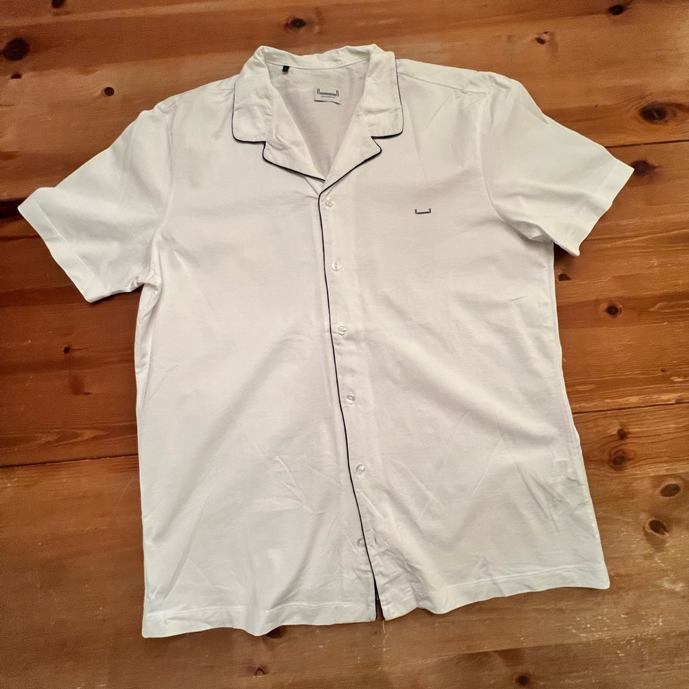 Men's White Adolfo Dominguez Camp Shirt with blue piping size large.